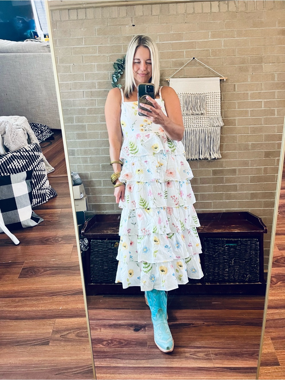 TCEC White Floral Tiered Midi Sundress with Yellow & Pink Blooms
